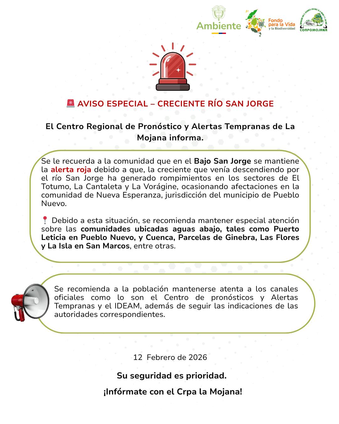 AVISO ESPECIAL – CRECIENTE RÍO SAN JORGE