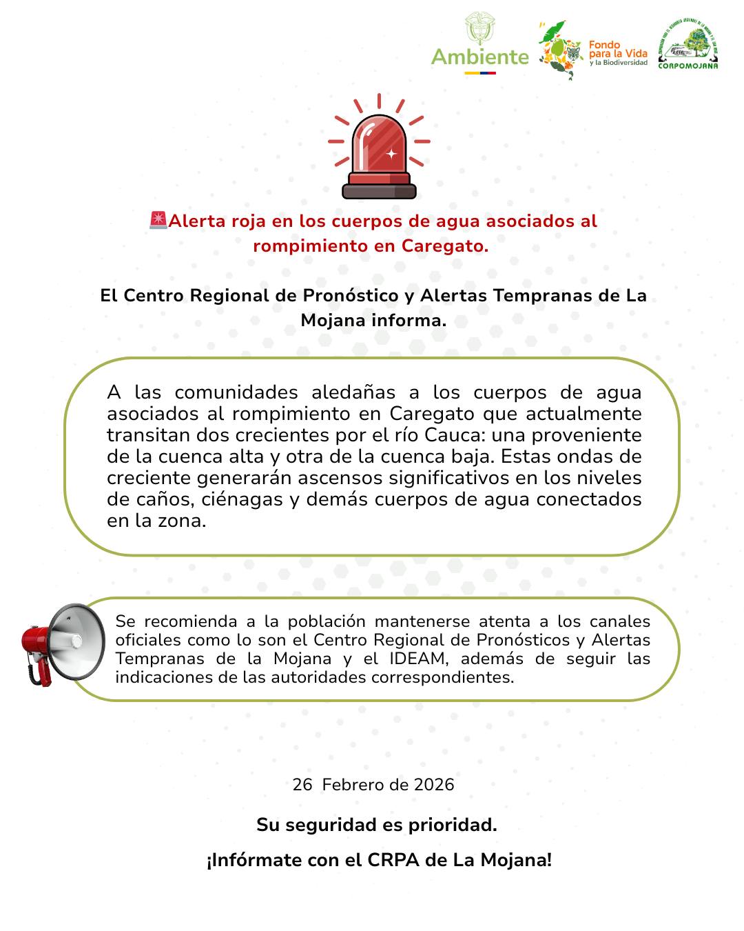 Alerta roja en los cuerpos de agua asociados al rompimiento en Caregato